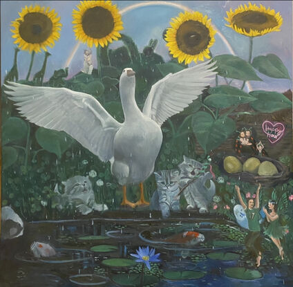 A happy goose flaps her wings , she is led to the water and fairy’s applaud her efforts , a ladybug family celebrates and 3 kittens play at her feet , one of them holding a Moses staff of healing . 2 fish approach them in the water with lotus flowers blooming . A topiary of elephants and giraffes behind them with rainbows. A painting representing gods victory for the righteous. 