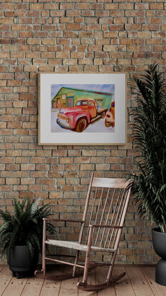 artwork featuring a pickup truck parked in a garage workshop forecourt
