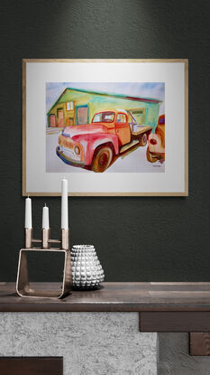 artwork featuring a pickup truck parked in a garage workshop forecourt
