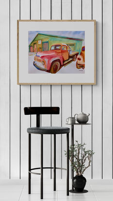 artwork featuring a pickup truck parked in a garage workshop forecourt
