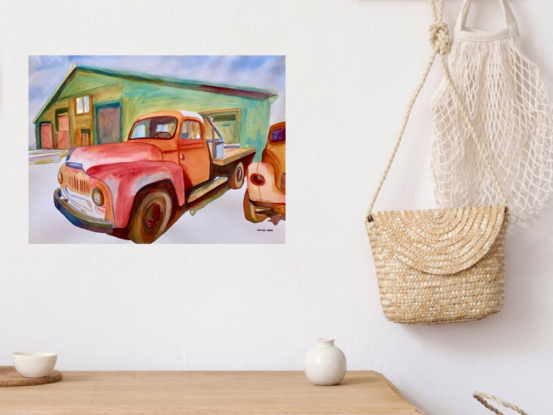 artwork featuring a pickup truck parked in a garage workshop forecourt
