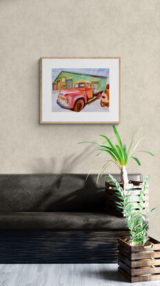 artwork featuring a pickup truck parked in a garage workshop forecourt
