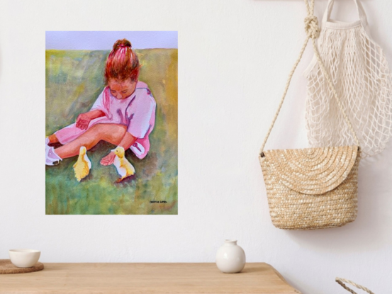 artwork showing a young girl being fascinated with newly hatched ducklings
