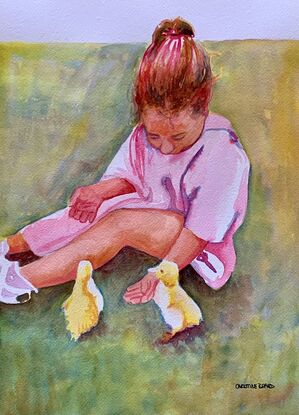 artwork showing a young girl being fascinated with newly hatched ducklings
