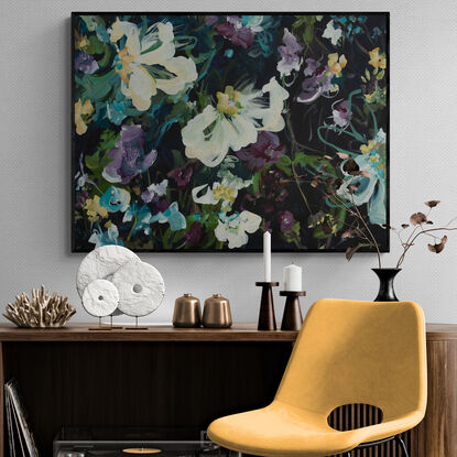 Blue and mauve abstract expressionist flower landscape with a dark black background original painting