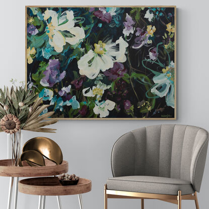 Blue and mauve abstract expressionist flower landscape with a dark black background original painting