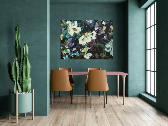 Blue and mauve abstract expressionist flower landscape with a dark black background original painting