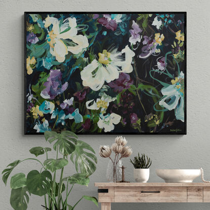 Blue and mauve abstract expressionist flower landscape with a dark black background original painting