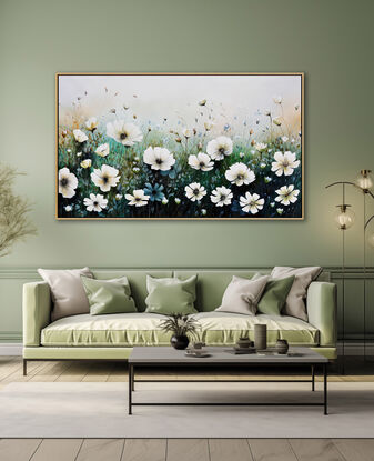 ABSTRACT painting of simple flowers in a garden.  the flowers are soft bluey greys and pink with the background a varied mix of soft pastels yellows, pink, mauve and cream and green. SPRING