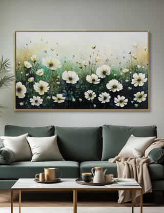 ABSTRACT painting of simple flowers in a garden.  the flowers are soft bluey greys and pink with the background a varied mix of soft pastels yellows, pink, mauve and cream and green. SPRING