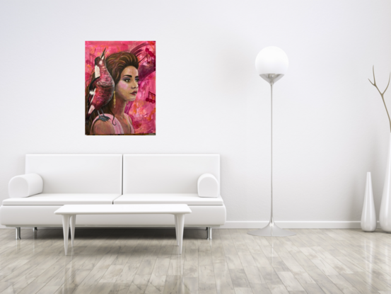 Bright Pink background comes through the artwork powerfully as we enjoy the imagined sounds of the bird perched on the shoulder of a modern woman.