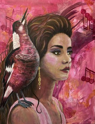 Bright Pink background comes through the artwork powerfully as we enjoy the imagined sounds of the bird perched on the shoulder of a modern woman.