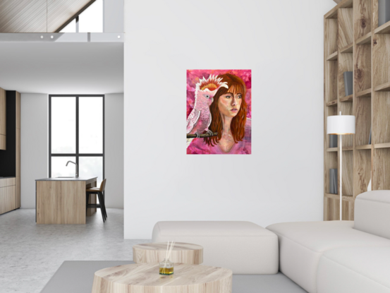 Pink background, red haired female with a Major Mitchell Cockatoo perched on her shoulder.