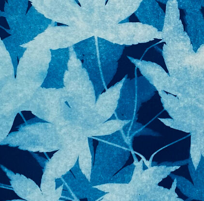 Image of branches of maple leaves in varying shades of blue. It is technically a photo but has the texture of a painting.