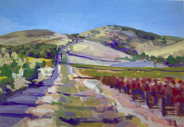 This is a painting in gouache on paper painted plein air of vineyards and hills in the Barossa Valley near the town of Tanunda.