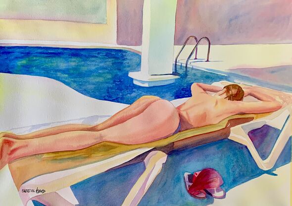 an artwork showing a swimsuit model lying on a sun lounger at the edge of a swimming pool