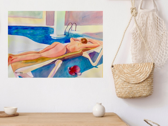 an artwork showing a swimsuit model lying on a sun lounger at the edge of a swimming pool