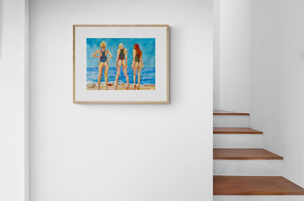 artwork showing three swimsuit models standing at the oceans edge