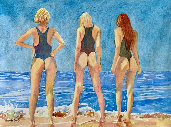 artwork showing three swimsuit models standing at the oceans edge