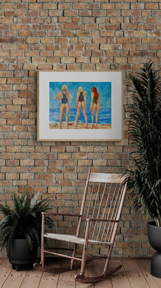 artwork showing three swimsuit models standing at the oceans edge