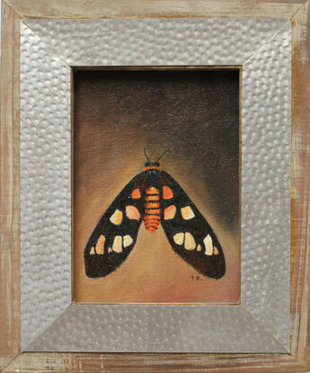 An orange and black tiger moth painted against a plain brown background.