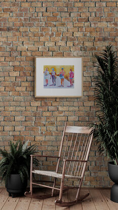 artwork showing four friends walking along a sunny promenade