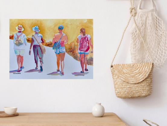 artwork showing four friends walking along a sunny promenade