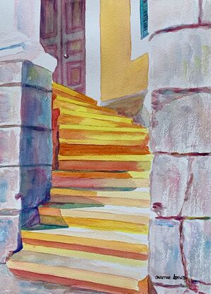 artwork showing the yellow stone steps at the front of a seaside house