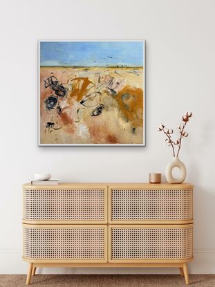 "The Parched Land" abstractly captures the poignant narrative of a desolate environment through its vivid abstract interpretation.. The dominant light blue sky offers a stark contrast to the sandy ochre, pink rust, and loam that dominate the arid landscape. The absence of any vibrant hues accentuates the parched nature of this terrain, where the once-rich earth is now marked by burnt, blackened shrubs scattered across dry, patchy expanses.

This evocative portrayal prompts reflection on themes of resilience and the impact of environmental changes. The painting's subdued palette and the absence of  greenery convey a powerful message about the fragility of ecosystem. "The Parched Land" serves as a visual reminder of the profound significance of environmental stewardship in safeguarding our planet's fragile balance.

The canvas is a one off original piece and comes with d rings and wire ready to hang. The piece is UNFRAMED. Sides are are painted in a crisp white to set off the artwork. The work is created in Acrylic paints with a touch of black pencil. All work has been sealed and varnished for protection.

