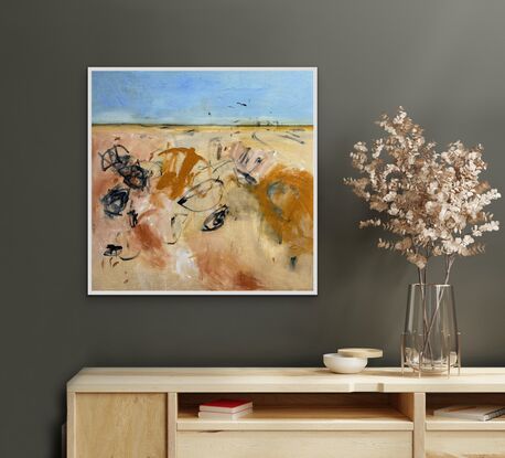 "The Parched Land" abstractly captures the poignant narrative of a desolate environment through its vivid abstract interpretation.. The dominant light blue sky offers a stark contrast to the sandy ochre, pink rust, and loam that dominate the arid landscape. The absence of any vibrant hues accentuates the parched nature of this terrain, where the once-rich earth is now marked by burnt, blackened shrubs scattered across dry, patchy expanses.

This evocative portrayal prompts reflection on themes of resilience and the impact of environmental changes. The painting's subdued palette and the absence of  greenery convey a powerful message about the fragility of ecosystem. "The Parched Land" serves as a visual reminder of the profound significance of environmental stewardship in safeguarding our planet's fragile balance.

The canvas is a one off original piece and comes with d rings and wire ready to hang. The piece is UNFRAMED. Sides are are painted in a crisp white to set off the artwork. The work is created in Acrylic paints with a touch of black pencil. All work has been sealed and varnished for protection.

