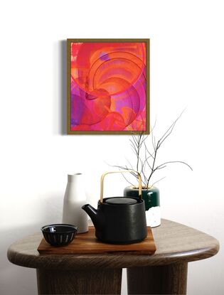 Layers of pink and orange swirls and curves give this painting an organic style and inspired by nature.