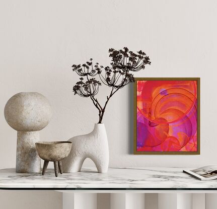 Layers of pink and orange swirls and curves give this painting an organic style and inspired by nature.