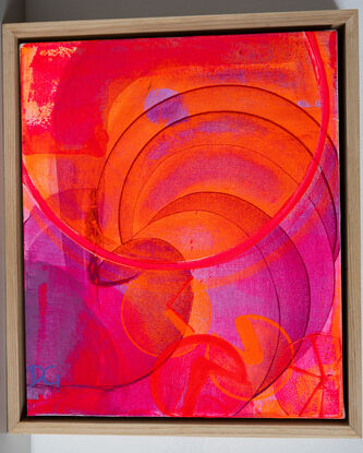 Layers of pink and orange swirls and curves give this painting an organic style and inspired by nature.