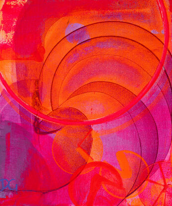 Layers of pink and orange swirls and curves give this painting an organic style and inspired by nature.