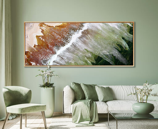 ABSTRACT painting that gives the impression of soothing ocean waves lapping in to soft sandy beach with slow easy waves creating crests of white..  The intricate mosaic pattern within the tonal jade green hues hues plus the glimmering metallics adds added interest and intrigue like soft waves gathering in at shore.
The closer you get to the painting the more of the interesting details and patterns you can see. Metallics add an extra depth because the painting changes personality when one views from different angles.
although it is an impressionistic abstract, it still has a sense of motion of waves moving and frothing white shoreline