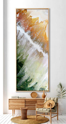 ABSTRACT painting that gives the impression of soothing ocean waves lapping in to soft sandy beach with slow easy waves creating crests of white..  The intricate mosaic pattern within the tonal jade green hues hues plus the glimmering metallics adds added interest and intrigue like soft waves gathering in at shore.
The closer you get to the painting the more of the interesting details and patterns you can see. Metallics add an extra depth because the painting changes personality when one views from different angles.
although it is an impressionistic abstract, it still has a sense of motion of waves moving and frothing white shoreline