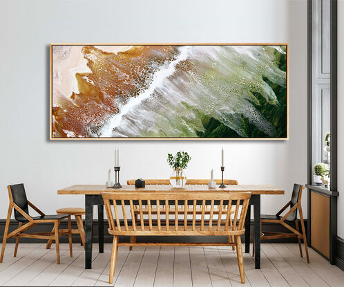 ABSTRACT painting that gives the impression of soothing ocean waves lapping in to soft sandy beach with slow easy waves creating crests of white..  The intricate mosaic pattern within the tonal jade green hues hues plus the glimmering metallics adds added interest and intrigue like soft waves gathering in at shore.
The closer you get to the painting the more of the interesting details and patterns you can see. Metallics add an extra depth because the painting changes personality when one views from different angles.
although it is an impressionistic abstract, it still has a sense of motion of waves moving and frothing white shoreline