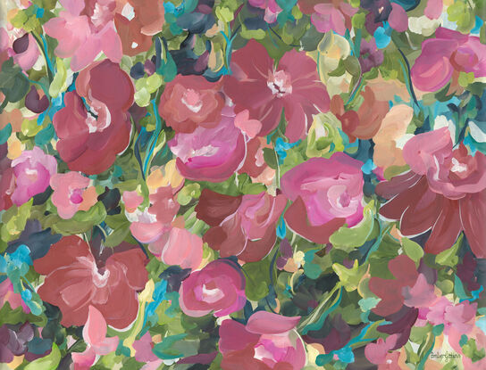 Flower Abstract original painting in pinks, reds, greens and light blue in a modern impressionist style