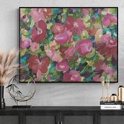 Flower Abstract original painting in pinks, reds, greens and light blue in a modern impressionist style