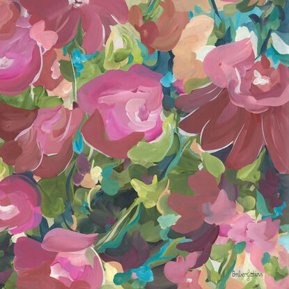 Flower Abstract original painting in pinks, reds, greens and light blue in a modern impressionist style