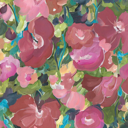 Flower Abstract original painting in pinks, reds, greens and light blue in a modern impressionist style