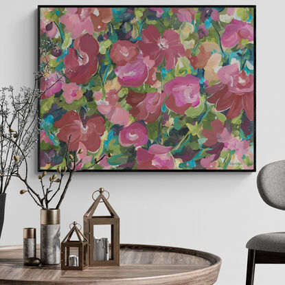 Flower Abstract original painting in pinks, reds, greens and light blue in a modern impressionist style