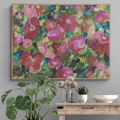 Flower Abstract original painting in pinks, reds, greens and light blue in a modern impressionist style