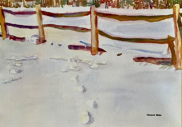 artwork showing a fence in a snowy field