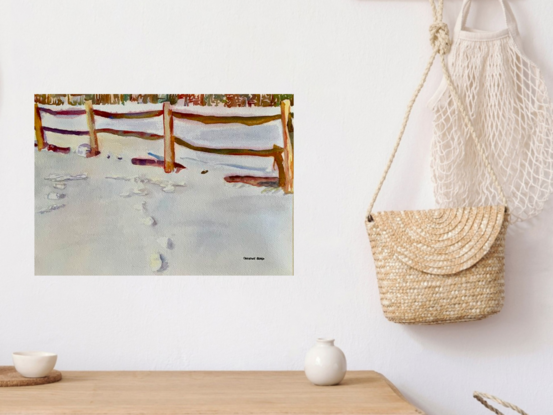 artwork showing a fence in a snowy field