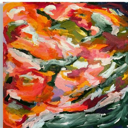 Abstract of multiple brush strokes with pink, orange and green tones. 