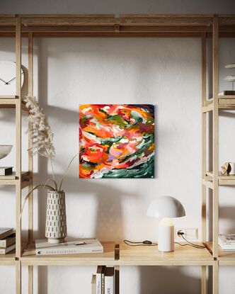 Abstract of multiple brush strokes with pink, orange and green tones. 