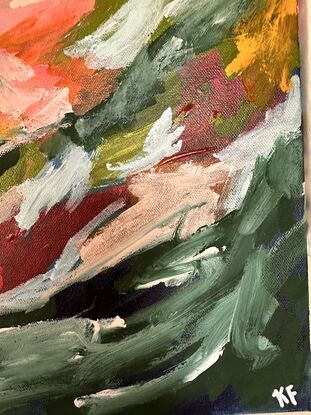 Abstract of multiple brush strokes with pink, orange and green tones. 