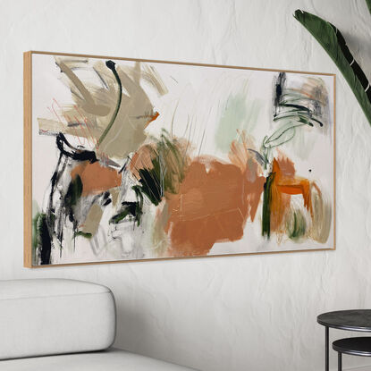 bold textured marks in black, apricot, orange and mint, olive, dark green and areas of white, beige, grey and white expressive marks across a large canvas