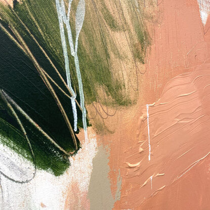 bold textured marks in black, apricot, orange and mint, olive, dark green and areas of white, beige, grey and white expressive marks across a large canvas